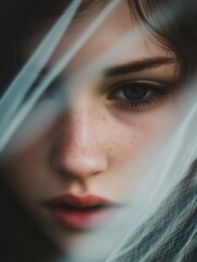 Poster - Close up portrait of a thoughtful young woman with stunning features and natural beauty under a delicate veil : Generative AI