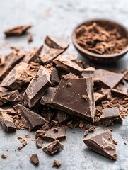 Aufkleber - Delicious dark chocolate pieces scattered on a table with cocoa powder in a bowl : Generative AI