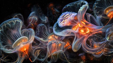 Wall Mural - Abstract Bioluminescent Jellyfish Glowing with Warm Orange and Blue Lights in Dark Space