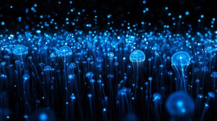 Wall Mural - Abstract Bioluminescent Jellyfish Swarm in Deep Ocean Water with Electric Blue Glow
