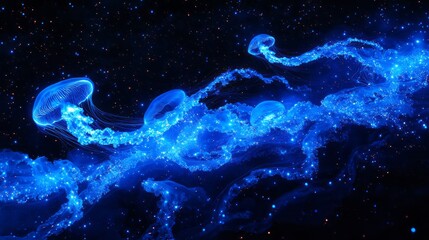 Wall Mural - Abstract Jellyfish Forms in Blue Hues on Dark Background with Sparkling Accents