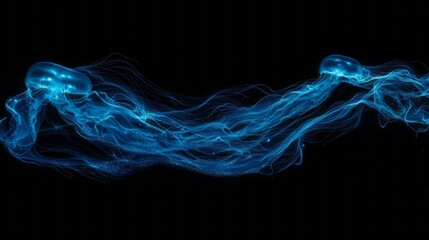 Wall Mural - Bioluminescent Jellyfish Floating in Dark Ocean Depth Featuring Blue Glowing Patterns