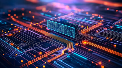 Abstract circuit board design with illuminated blue and orange lines representing digital data flow