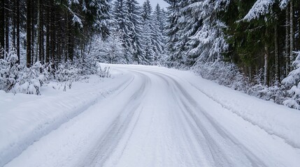 Aufkleber - Winding SnowCovered Road Through Dense Evergreen Forest in Winter Conditions : Generative AI