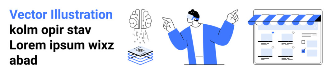 Man gesturing with both hands, brain with circuits, stacked books, storefront interface for website. Ideal for web development, education, AI, technology, online learning e-commerce marketing