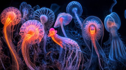 Wall Mural - Glowing Bioluminescent Jellyfish in Deep Ocean Waters with Abstract Art