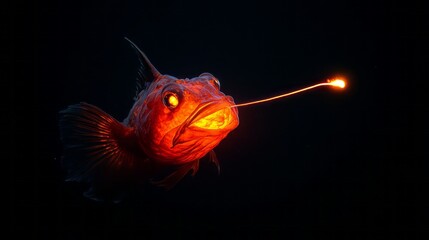 Wall Mural - Glowing Red Anglerfish with Bioluminescent Lure in Deep Dark Ocean Habitat