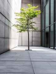 Aufkleber - Lonely Tree in Modern Architectural Space Surrounded by Concrete Walls : Generative AI