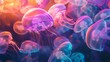 © POUSEP - Illuminated Jellyfish Floating Gracefully in Dark Blue Ocean with Soft Light