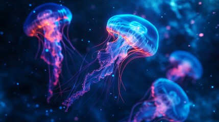 Wall Mural - Illuminated Jellyfish Floating in Dark Blue Ocean Depths with Bioluminescence