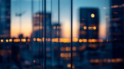 Fototapete - Abstract cityscape with blurred lights reflecting through glass buildings during twilight hours : Generative AI