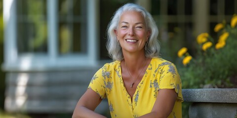 Wall Mural - A woman in a yellow shirt is smiling and sitting on a stone wall. The scene is bright and cheerful, with the woman's smile and the yellow color of her shirt creating a positive and uplifting mood