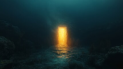 Wall Mural - Underwater Scene Featuring Glimmering Light Shafts Casting Reflections on Ocean Floor