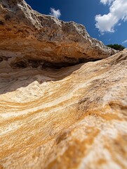 Aufkleber - Close up of textured sandy rock formation illuminated by sunlight creating a warm ambiance : Generative AI