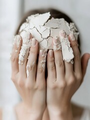 Poster - Creative artistic portrayal of a young woman covering her face with cracked clay texture : Generative AI