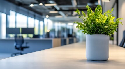 Poster - Small potted plant on a clean office desk surrounded by bright natural light from window : Generative AI
