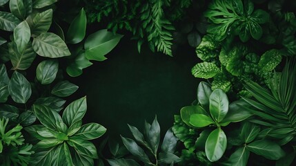 Poster - Vibrant Green Leaves in Various Shapes Forming a Decorative Frame on Dark Surface : Generative AI