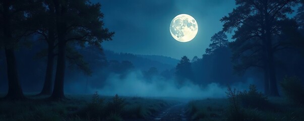 dense forest at night with silver glow of full moon, shadow, fog