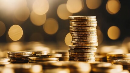 Aufkleber - Close up of shining gold coins stacked with a bokeh background creating a luxurious financial atmosphere : Generative AI