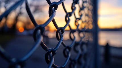 Poster - Close up view of a chain link fence during sunset with vibrant colors and soft bokeh effects : Generative AI