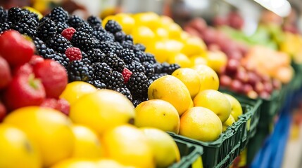 Vibrant display of fresh fruits including strawberries blackberries and mangoes in a vibrant market setting : Generative AI