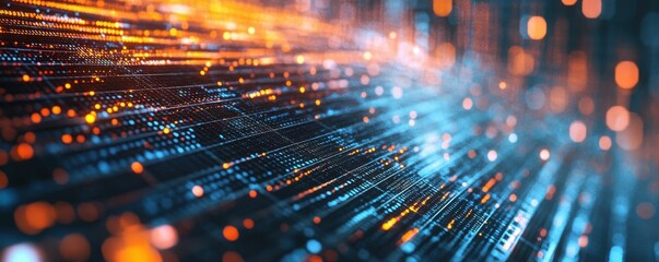Futuristic data stream with glowing orange and blue lines in digital technology background