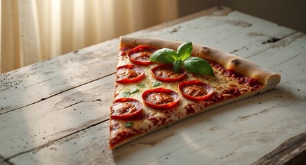 Fototapete - Delicious pepperoni pizza slice with fresh basil and ripe tomatoes on rustic wooden table.