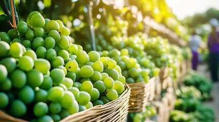 Poster - Freshly harvested green grapes in woven baskets at a sunny outdoor market creating a vibrant scene : Generative AI