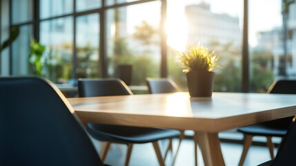 Leinwandbilder - Bright indoor cafe scene featuring a sunlit table with a small potted plant : Generative AI