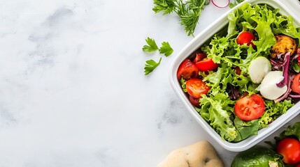 Poster - A fresh and colorful salad in a white container showcasing healthy ingredients on a bright table : Generative AI