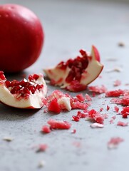 Poster - Juicy Pomegranate Fruit Halved to Reveal Seeds Surrounded by Bright Red Juice : Generative AI
