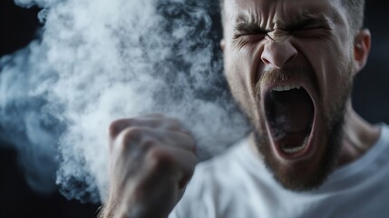 Fototapete - Intense expression of a man yelling with smoke surrounding him for emotions and artistic photography : Generative AI
