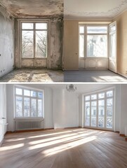 Poster - Dramatic transformation of a neglected apartment into a stunning modern living space with natural light. Generative AI