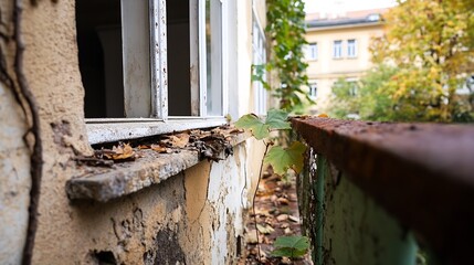 Aufkleber - Windowsill filled with autumn leaves and creeping vines in an abandoned building : Generative AI