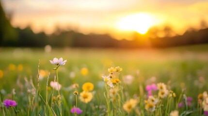 Aufkleber - Vibrant field of wildflowers illuminated by golden sunlight during sunset creating a picturesque scene : Generative AI