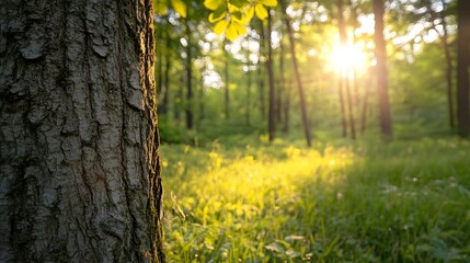 Aufkleber - Serene forest scene with sunlight filtering through trees highlighting the texture of bark and green grass : Generative AI