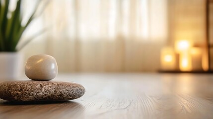 Fototapete - Serene arrangement of smooth stones with warm ambiance and soft lighting in a tranquil interior space : Generative AI