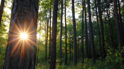 Poster - Sunlight piercing through tall trees in a lush green forest creating a peaceful and ethereal atmosphere : Generative AI