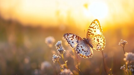 Poster - Stunning Close Up of Butterfly on Flower at Sunset with Soft Warm Lighting : Generative AI