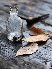 Wall Mural - A vintage glass bottle resting on a rustic wooden surface accompanied by dried autumn leaves : Generative AI