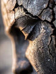 Poster - Intricate CloseUp of a Cracked Wooden Face Sculpture in Warm Light : Generative AI