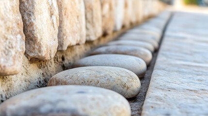 Poster - Close up view of smooth decorative stones aligned along a wall adding natural beauty to the environment : Generative AI