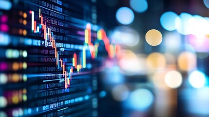Fototapete - Abstract representation of stock market trends with vibrant colors and blurred background focusing on digital charts : Generative AI