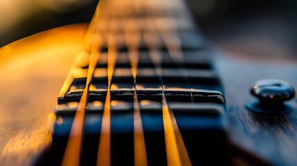 Poster - Closeup view of guitar strings and fretboard illuminated by warm sunlight : Generative AI