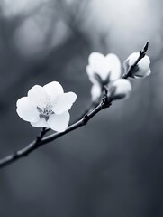 Poster - Delicate closeup of a beautiful white flower branch highlighting nature's elegance in monochrome tones : Generative AI