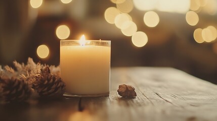 Poster - Burning White Candle with Cozy Atmosphere and Soft Focus Lights in Background : Generative AI