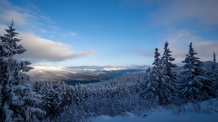 Aufkleber - Winter wonderland landscape featuring snowcovered trees and breathtaking mountain views : Generative AI
