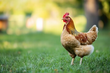 Poster - Chicken walking on green grass during daylight in a serene outdoor setting. Generative AI