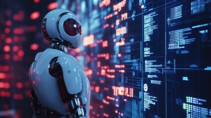 Futuristic robot analyzing digital data code in neon environment