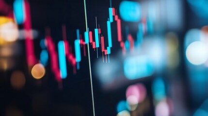 Poster - Dynamic stock market trends displayed with colorful candlestick chart and glowing bokeh lights in the background : Generative AI